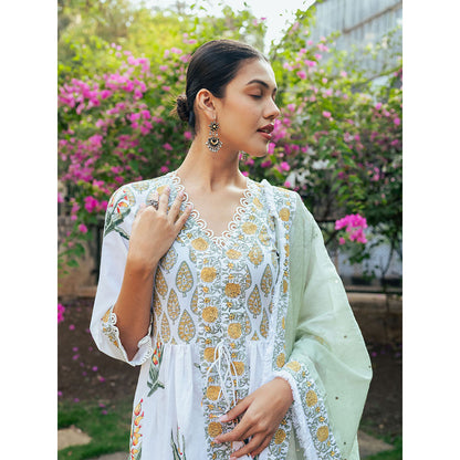 Maison Shefali White and Yellow Block Printed Kurta Dupatta Sharara (Set of 3)