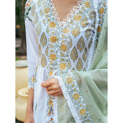Maison Shefali White and Yellow Block Printed Kurta Dupatta Sharara (Set of 3)