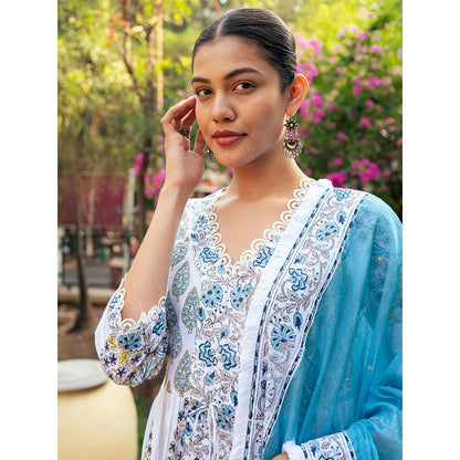Maison Shefali White and Blue Block Printed Kurta Dupatta Sharara (Set of 3)
