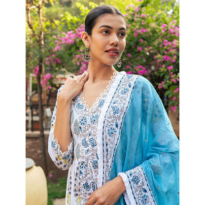 Maison Shefali White and Blue Block Printed Kurta Dupatta Sharara (Set of 3)