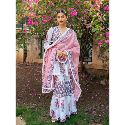 Maison Shefali White and Pink Block Printed Kurta Dupatta Sharara (Set of 3)