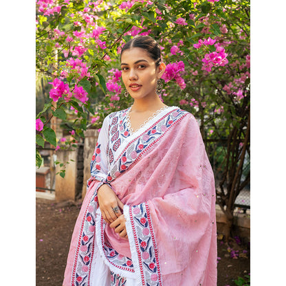 Maison Shefali White and Pink Block Printed Kurta Dupatta Sharara (Set of 3)