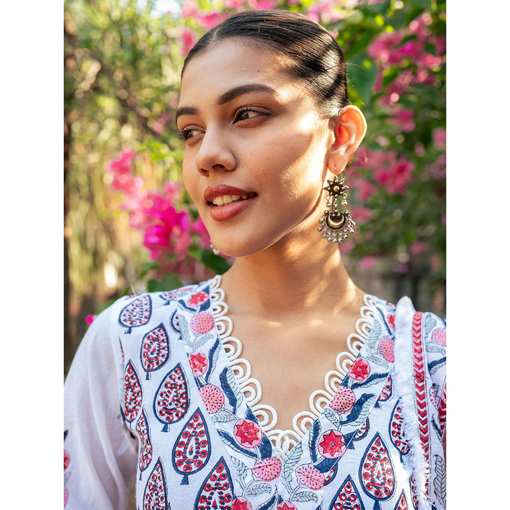 Maison Shefali White and Pink Block Printed Kurta Dupatta Sharara (Set of 3)