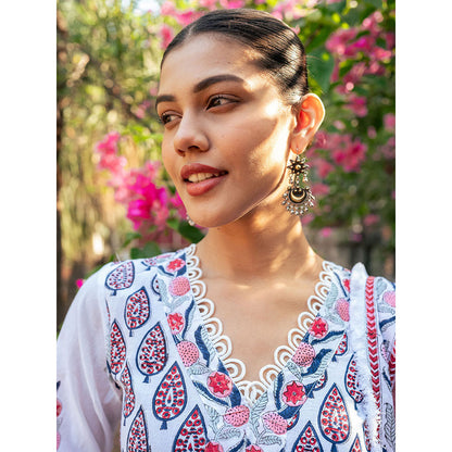 Maison Shefali White and Pink Block Printed Kurta Dupatta Sharara (Set of 3)