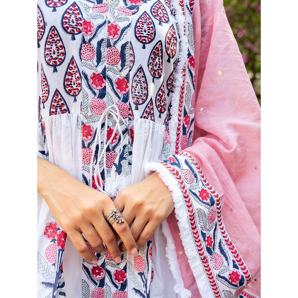 Maison Shefali White and Pink Block Printed Kurta Dupatta Sharara (Set of 3)