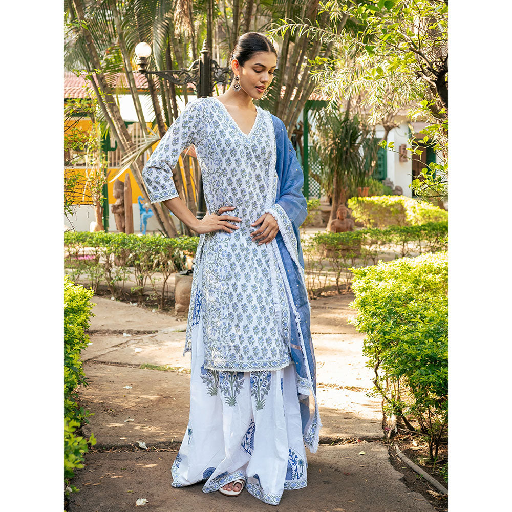 Maison Shefali White & Blue Hand Block Printed Kurta and Skirt with Dupatta (Set of 3)