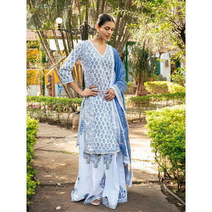 Maison Shefali White & Blue Hand Block Printed Kurta and Skirt with Dupatta (Set of 3)