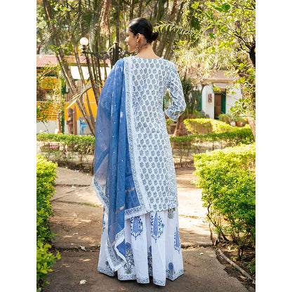 Maison Shefali White & Blue Hand Block Printed Kurta and Skirt with Dupatta (Set of 3)