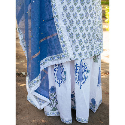 Maison Shefali White & Blue Hand Block Printed Kurta and Skirt with Dupatta (Set of 3)