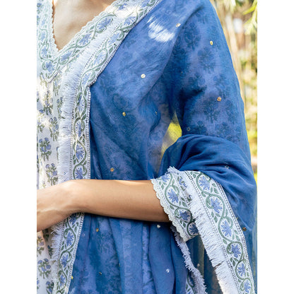 Maison Shefali White & Blue Hand Block Printed Kurta and Skirt with Dupatta (Set of 3)