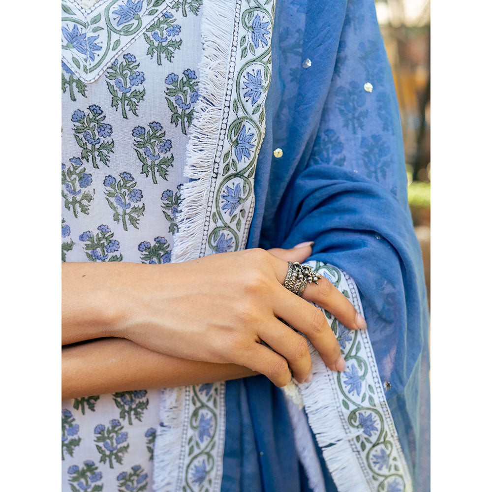 Maison Shefali White & Blue Hand Block Printed Kurta and Skirt with Dupatta (Set of 3)