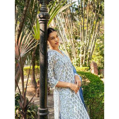 Maison Shefali White & Blue Hand Block Printed Kurta and Skirt with Dupatta (Set of 3)