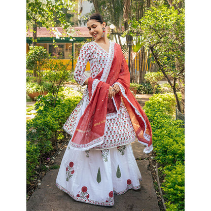 Maison Shefali White & Red Hand Block Printed Kurta and Skirt with Dupatta (Set of 3)