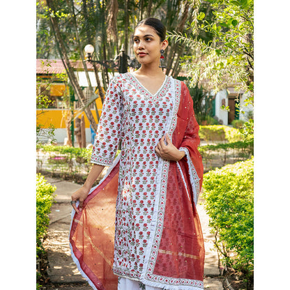 Maison Shefali White & Red Hand Block Printed Kurta and Skirt with Dupatta (Set of 3)