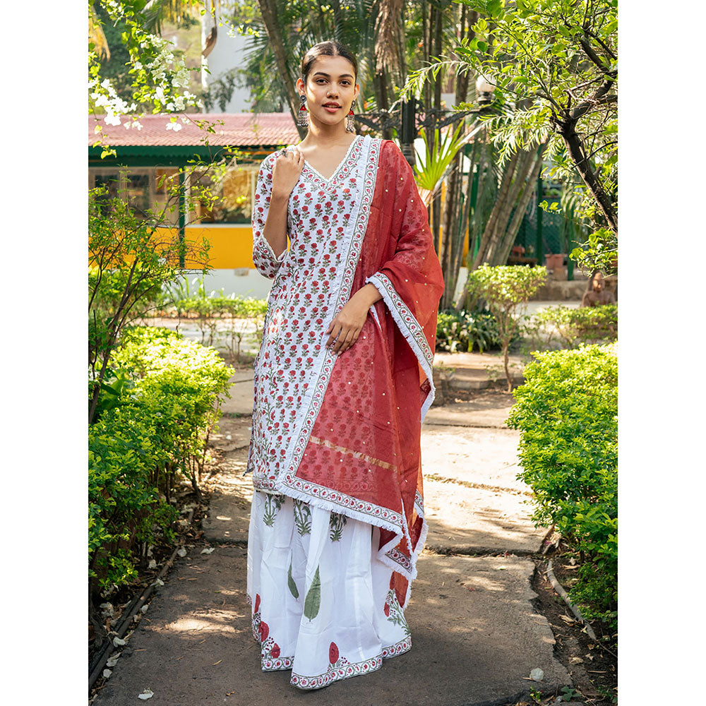 Maison Shefali White & Red Hand Block Printed Kurta and Skirt with Dupatta (Set of 3)