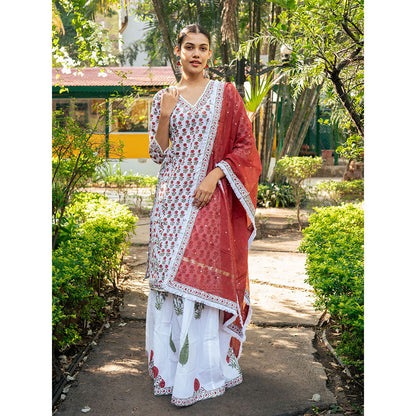 Maison Shefali White & Red Hand Block Printed Kurta and Skirt with Dupatta (Set of 3)