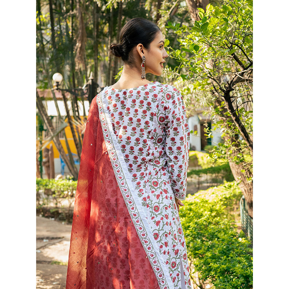 Maison Shefali White & Red Hand Block Printed Kurta and Skirt with Dupatta (Set of 3)