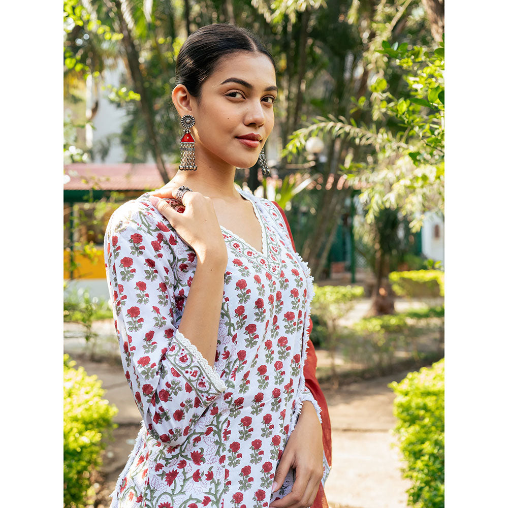 Maison Shefali White & Red Hand Block Printed Kurta and Skirt with Dupatta (Set of 3)