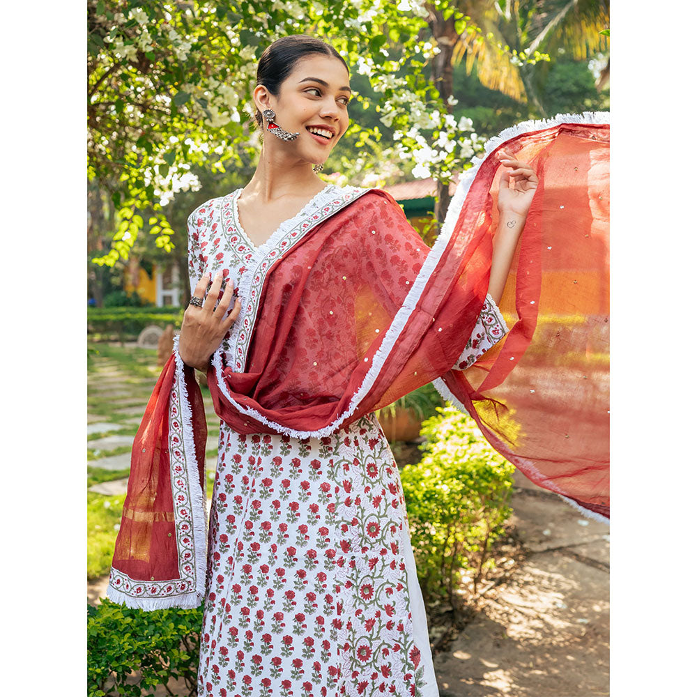 Maison Shefali White & Red Hand Block Printed Kurta and Skirt with Dupatta (Set of 3)
