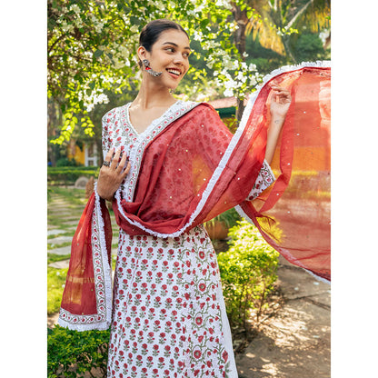 Maison Shefali White & Red Hand Block Printed Kurta and Skirt with Dupatta (Set of 3)