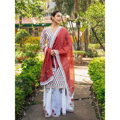 Maison Shefali White & Red Hand Block Printed Kurta and Skirt with Dupatta (Set of 3)