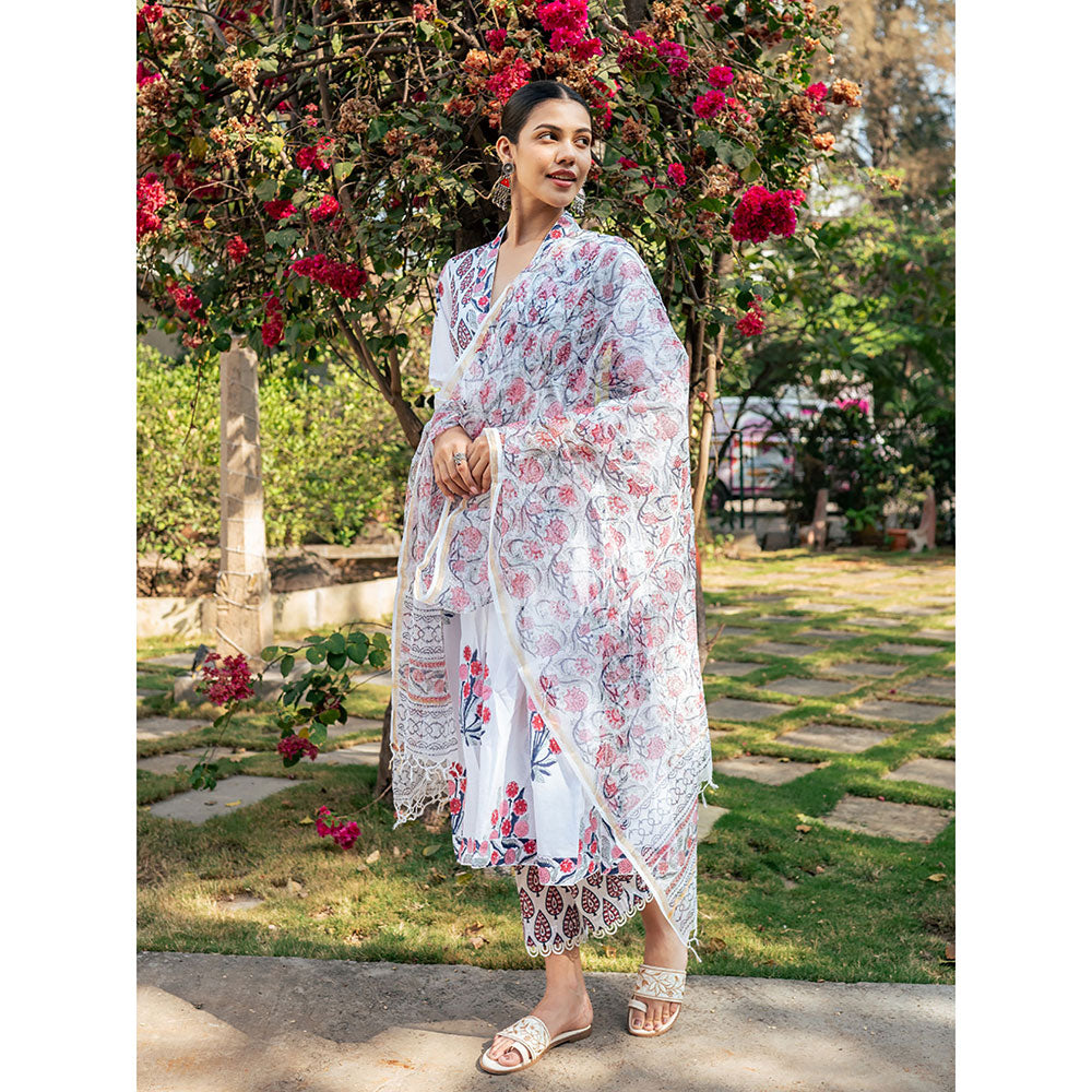 Maison Shefali White & Pink Hand Block Printed Kurta and Pants with Dupatta (Set of 3)