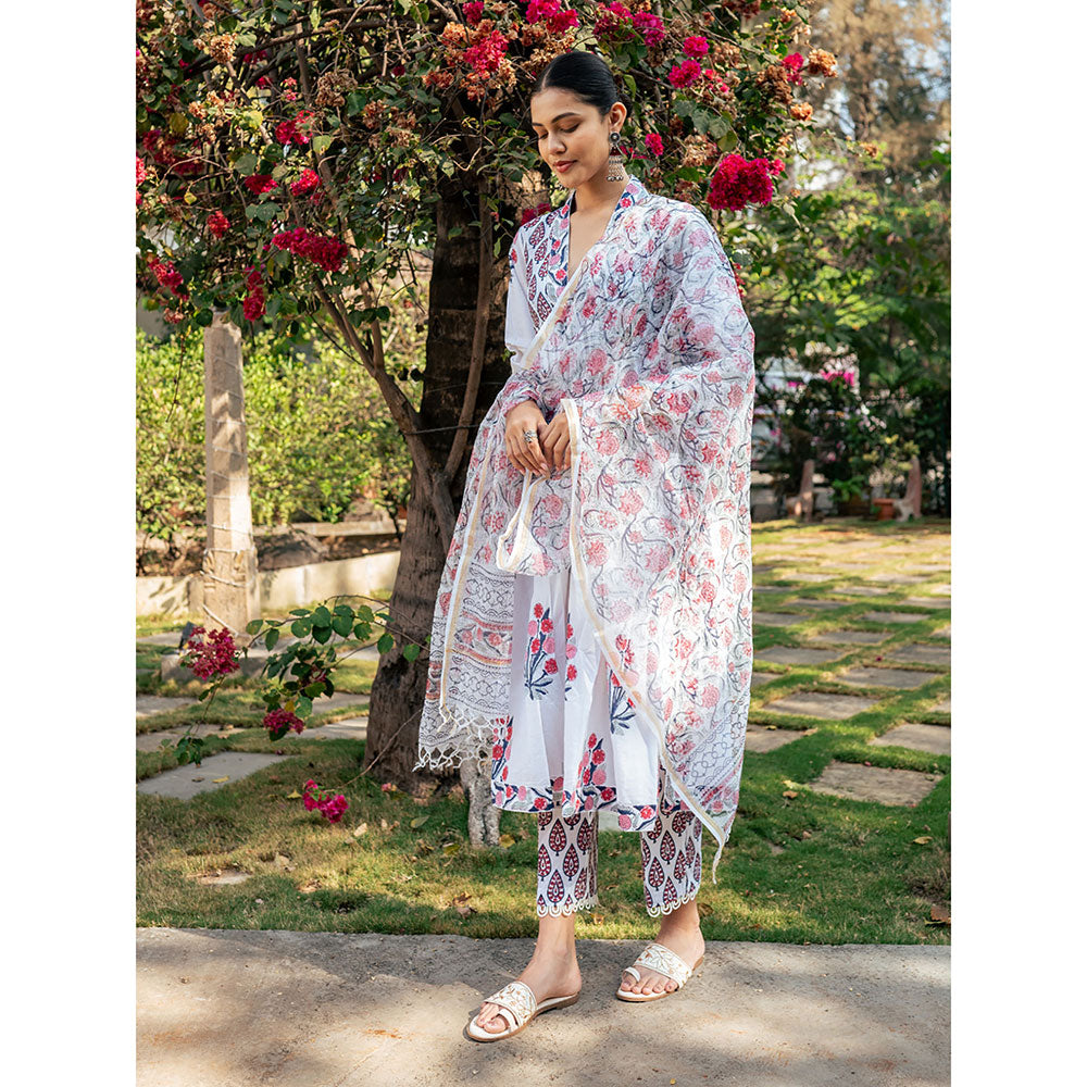 Maison Shefali White & Pink Hand Block Printed Kurta and Pants with Dupatta (Set of 3)