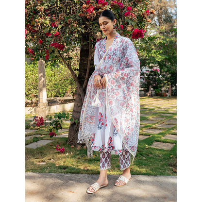Maison Shefali White & Pink Hand Block Printed Kurta and Pants with Dupatta (Set of 3)