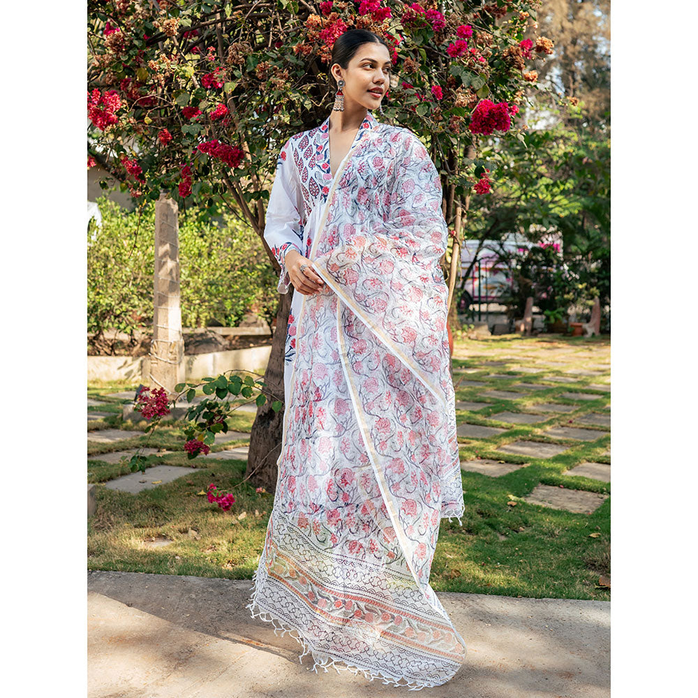Maison Shefali White & Pink Hand Block Printed Kurta and Pants with Dupatta (Set of 3)