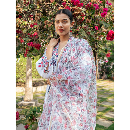 Maison Shefali White & Pink Hand Block Printed Kurta and Pants with Dupatta (Set of 3)