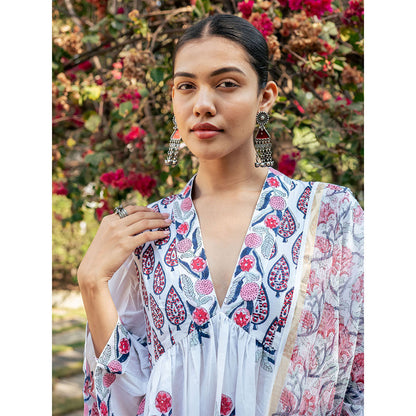 Maison Shefali White & Pink Hand Block Printed Kurta and Pants with Dupatta (Set of 3)