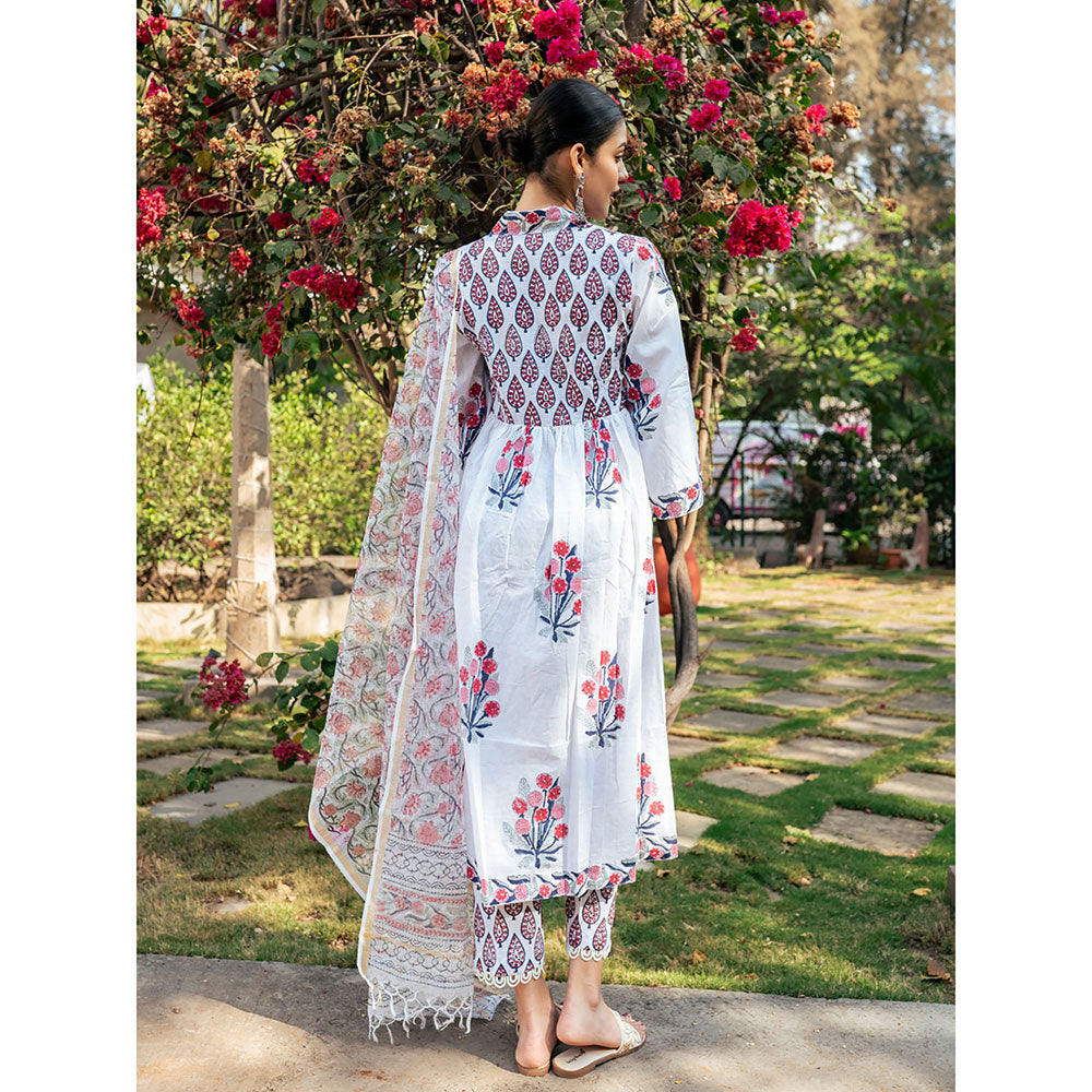Maison Shefali White & Pink Hand Block Printed Kurta and Pants with Dupatta (Set of 3)