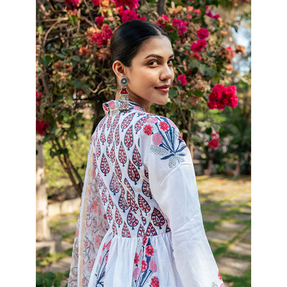 Maison Shefali White & Pink Hand Block Printed Kurta and Pants with Dupatta (Set of 3)