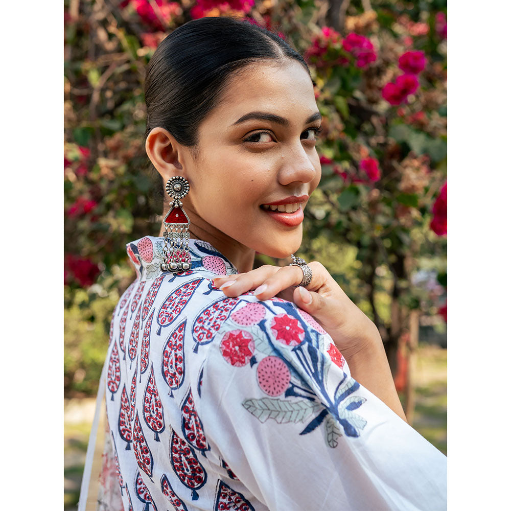 Maison Shefali White & Pink Hand Block Printed Kurta and Pants with Dupatta (Set of 3)