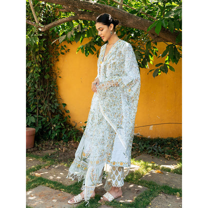Maison Shefali White & Yellow Hand Block Printed Kurta and Pants with Dupatta (Set of 3)