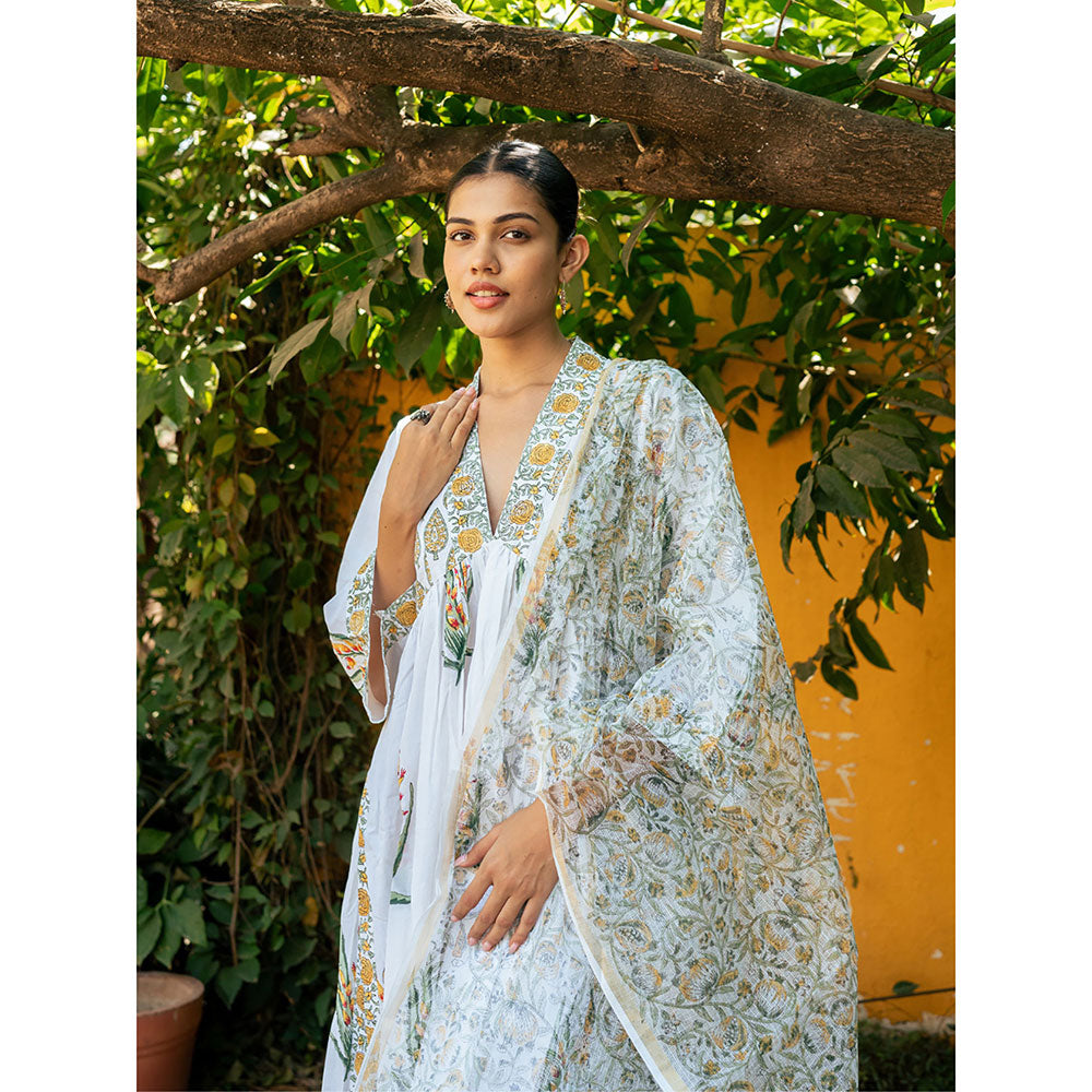 Maison Shefali White & Yellow Hand Block Printed Kurta and Pants with Dupatta (Set of 3)
