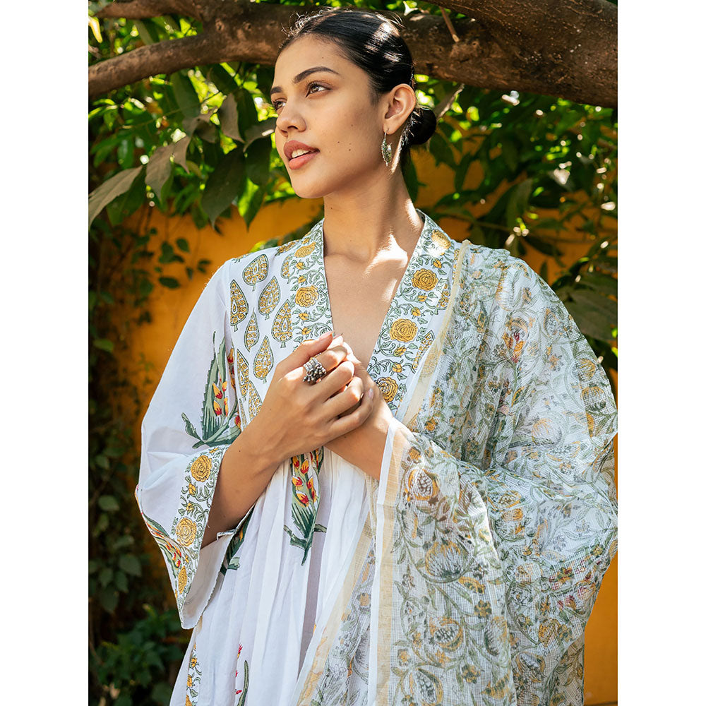 Maison Shefali White & Yellow Hand Block Printed Kurta and Pants with Dupatta (Set of 3)