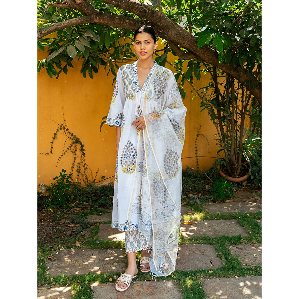 Maison Shefali White & Blue Hand Block Printed Kurta and Pants with Dupatta (Set of 3)