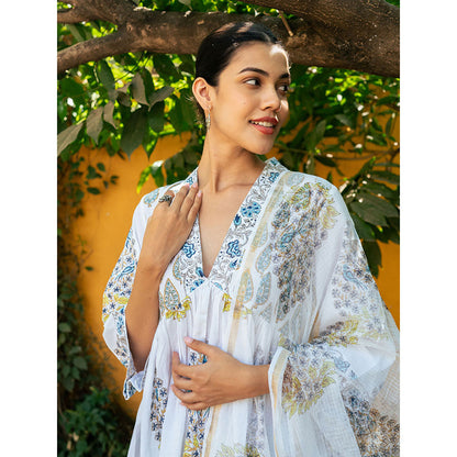 Maison Shefali White & Blue Hand Block Printed Kurta and Pants with Dupatta (Set of 3)