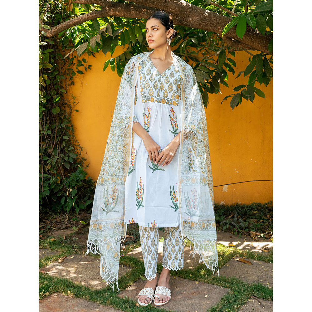 Maison Shefali White and Yellow Hand Block Printed Kurta Pants & Dupatta (Set of 3)