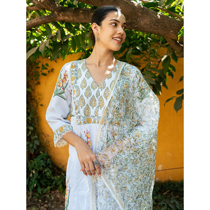 Maison Shefali White and Yellow Hand Block Printed Kurta Pants & Dupatta (Set of 3)