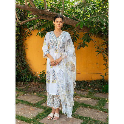 Maison Shefali White & Blue Hand Block Printed Kurta and Pants with Dupatta (Set of 3)