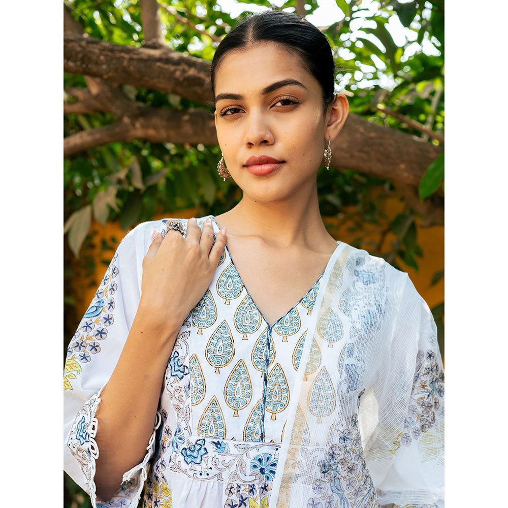 Maison Shefali White & Blue Hand Block Printed Kurta and Pants with Dupatta (Set of 3)