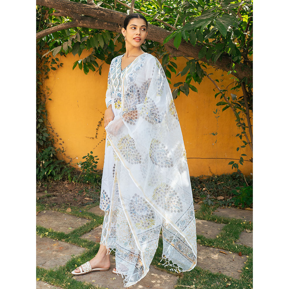 Maison Shefali White & Blue Hand Block Printed Kurta and Pants with Dupatta (Set of 3)