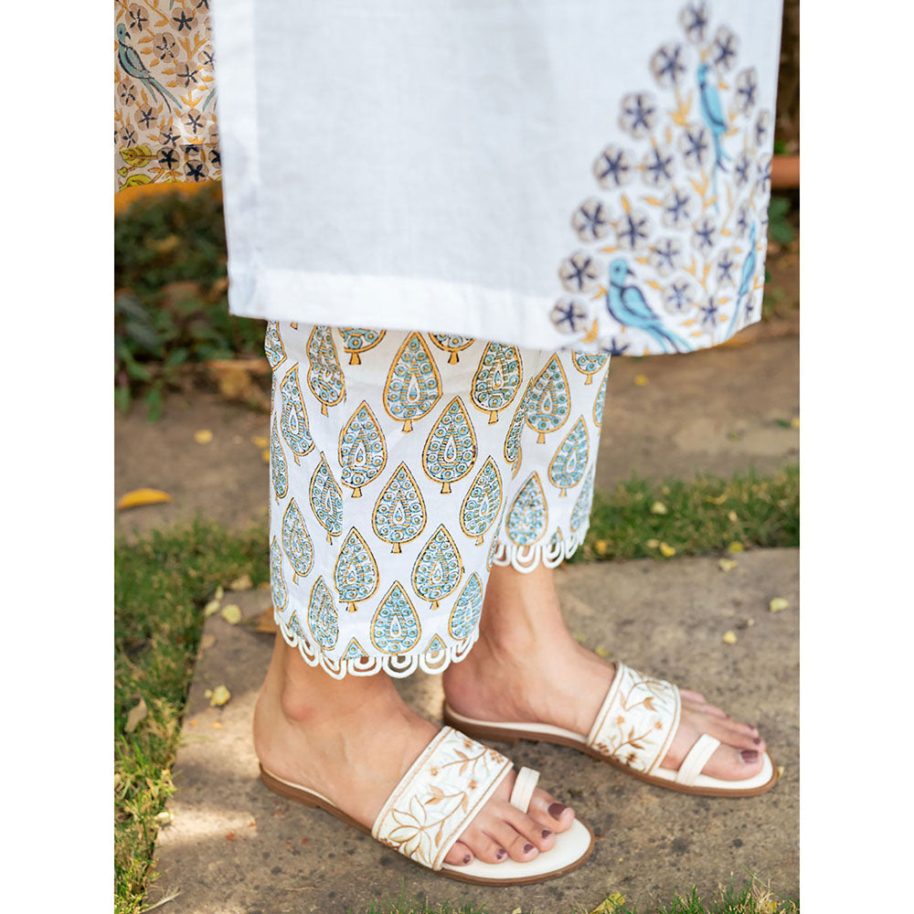 Maison Shefali White & Blue Hand Block Printed Kurta and Pants with Dupatta (Set of 3)