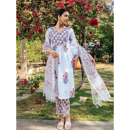 Maison Shefali White & Pink Hand Block Printed Kurta and Pants with Dupatta (Set of 3)