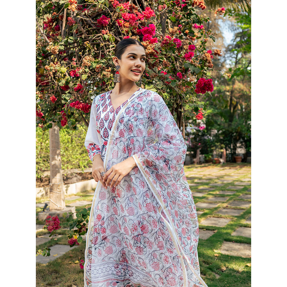 Maison Shefali White & Pink Hand Block Printed Kurta and Pants with Dupatta (Set of 3)