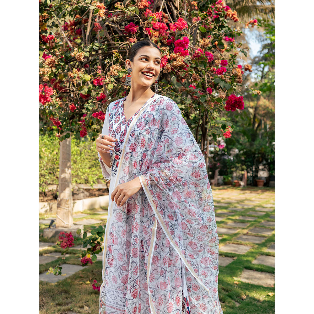 Maison Shefali White & Pink Hand Block Printed Kurta and Pants with Dupatta (Set of 3)