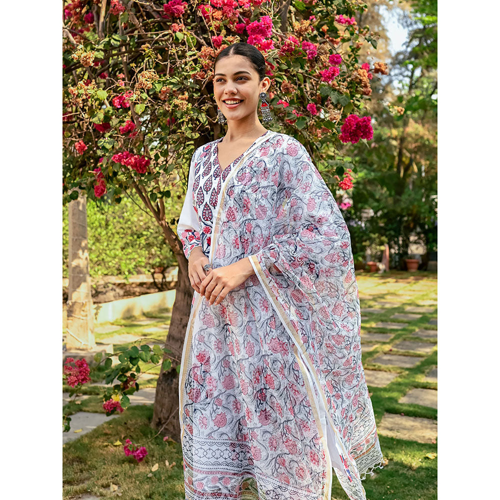 Maison Shefali White & Pink Hand Block Printed Kurta and Pants with Dupatta (Set of 3)