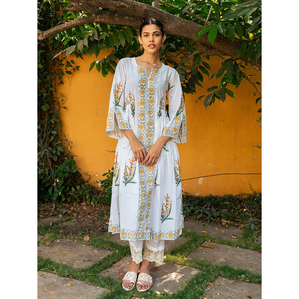 Maison Shefali Yellow and White Hand Block Printed Bhopali Kurta with Pants (Set of 2)
